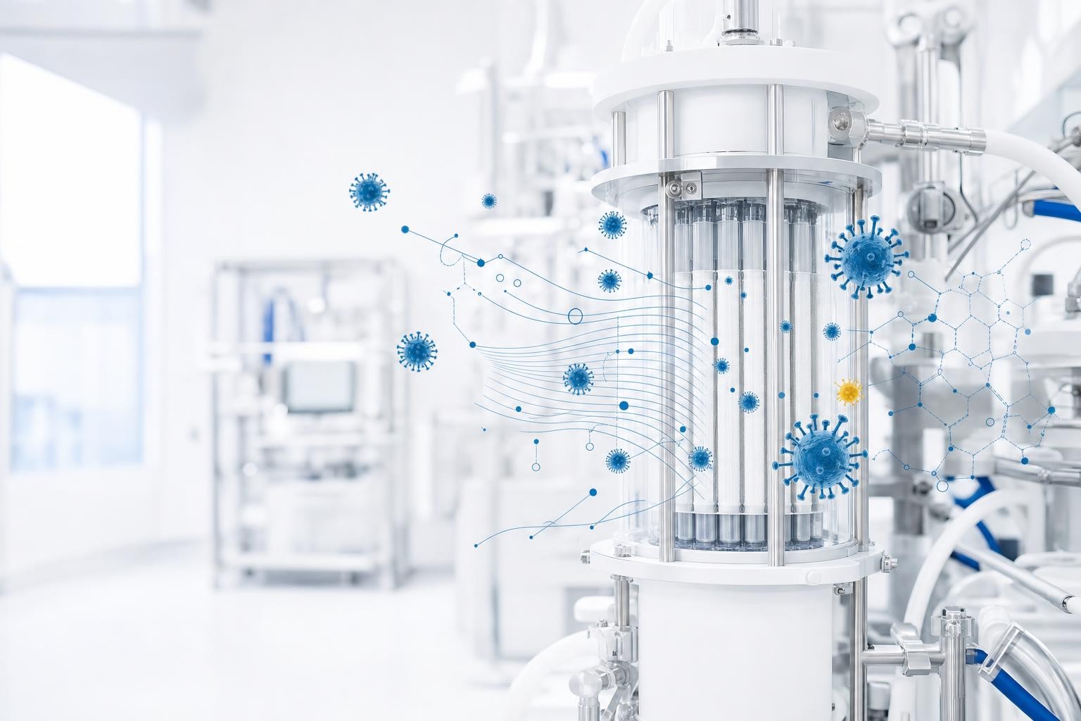 Clean clinical image of viral safety in downstream purification: bright filtration and chromatography equipment with minimal blue virus-particle graphics being removed. Precise and reassuring, not alarming. Rentschler blue #006ab2 dominant, one small yellow #ffe000 accent, white background.