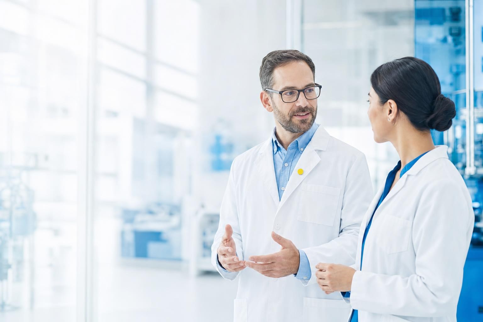 Bright, high-key corporate biopharma image evoking a long-term partnership between a biotech sponsor and its CDMO. Two professionals in conversation at eye level in a clean, modern facility or bright meeting space with large windows; or an abstract visual of two converging paths over a long timeline. Dominant Rentschler blue #006ab2 with paler blue tints; a single small #ffe000 yellow accent. Generous white space, calm asymmetric composition, soft natural light, shallow depth of field. Premium, trustworthy, scientific. No text, no logos, no clutter.