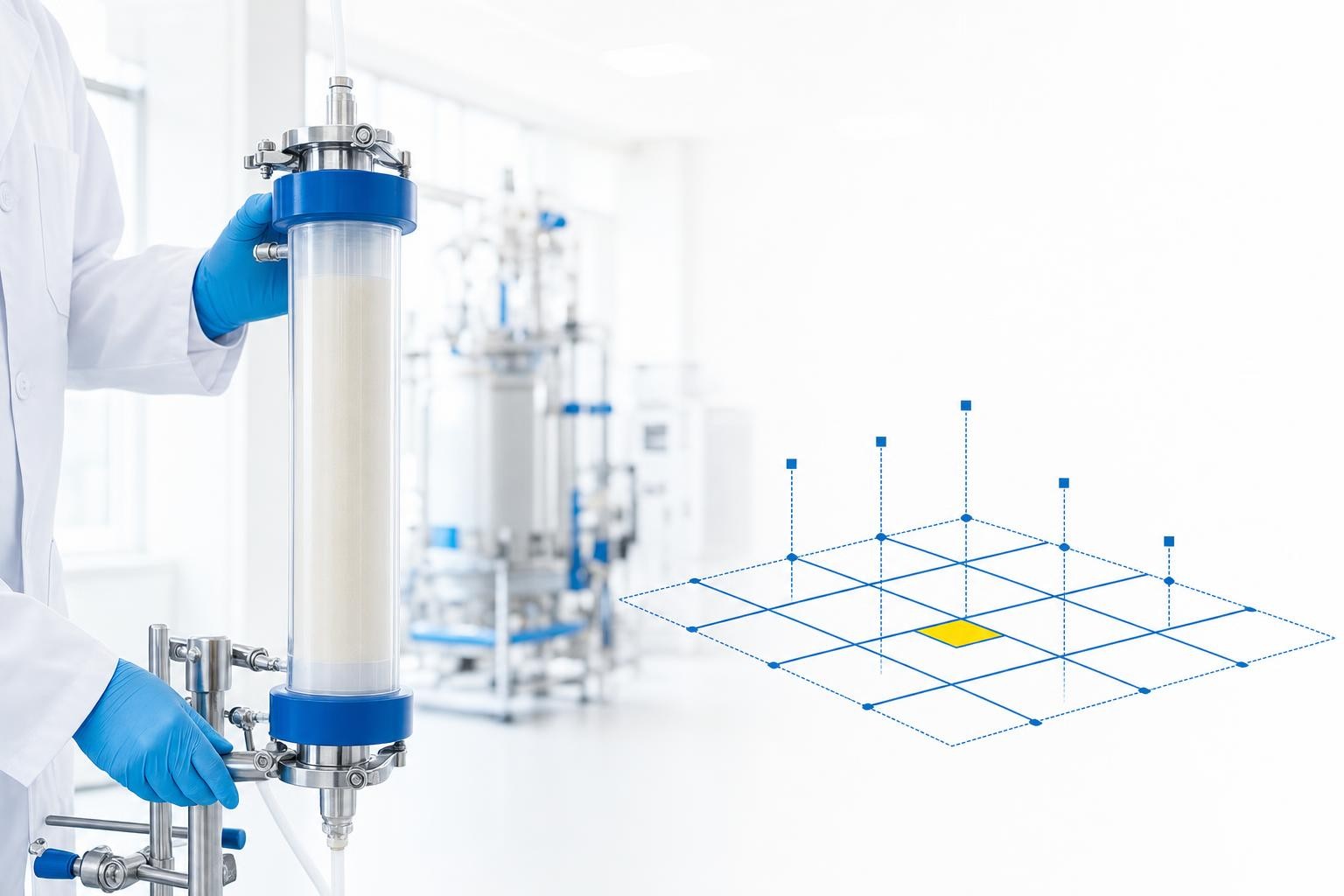 Clean precise image of chromatography process analysis: an anion exchange column in a bright lab beside a minimal blue grid graphic with a few highlighted cells, suggesting selective identification of critical parameters. Rentschler blue #006ab2 dominant, one small yellow #ffe000 highlighted cell, bright white background.