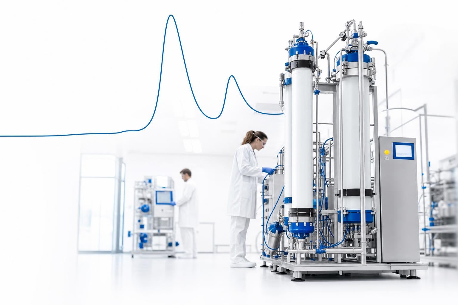 Clean, high-key image of downstream purification: chromatography columns and skids in a bright cleanroom, with a subtle overlay of a smooth blue chromatogram peak curve suggesting a robust, reproducible separation. Rentschler blue #006ab2 dominant, one small yellow #ffe000 accent, generous white space.