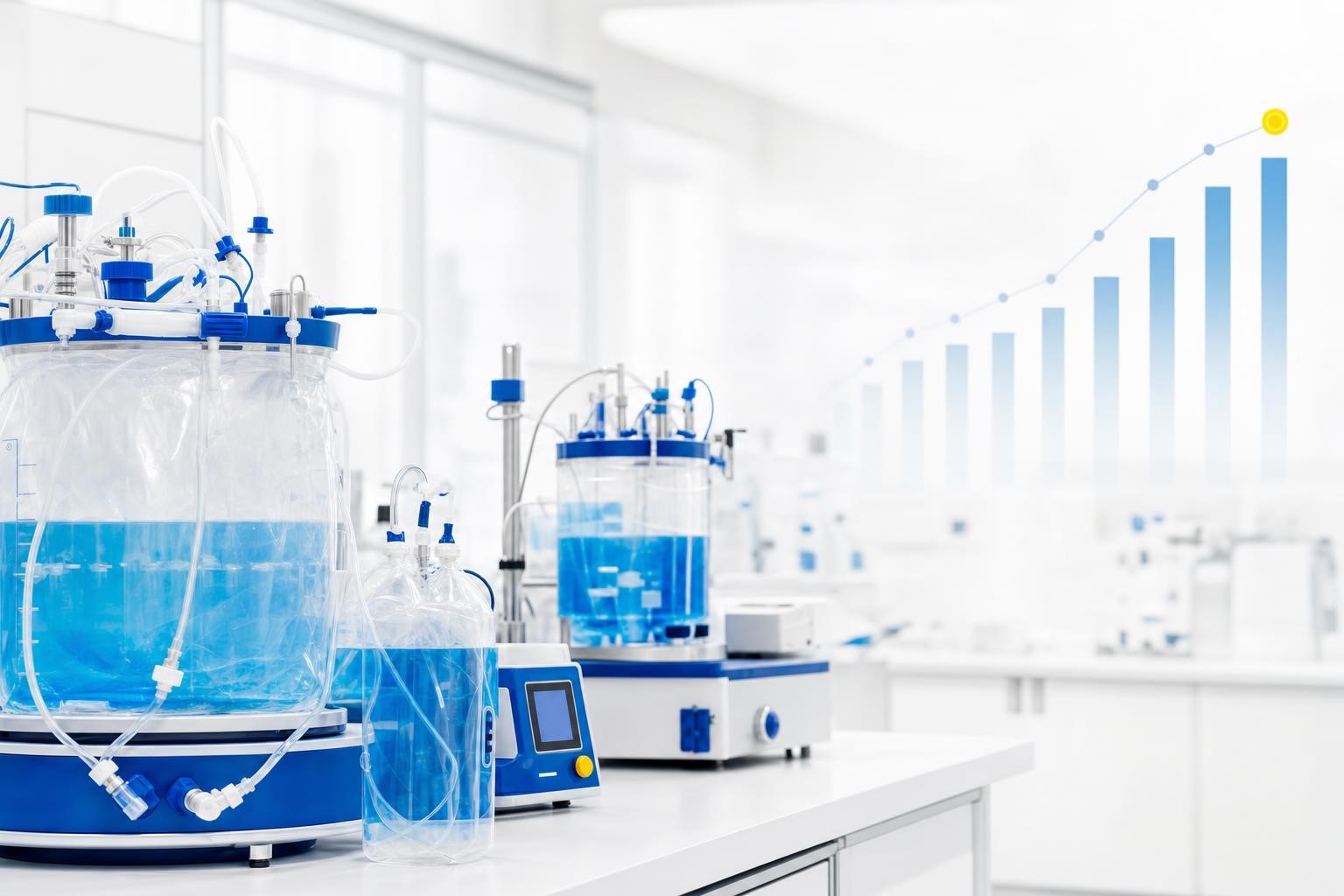 Bright high-key upstream bioprocessing scene: single-use bioreactor bags and benchtop bioreactors in a clean laboratory, with a subtle rising blue bar chart motif suggesting higher yield. Rentschler blue #006ab2 dominant, one small yellow #ffe000 accent, lots of white space.