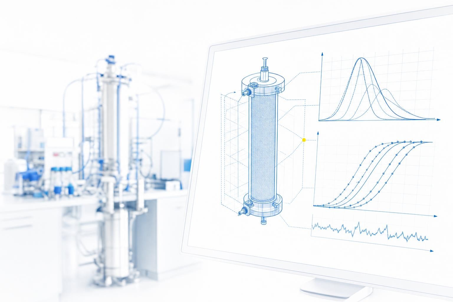Minimal blue technical illustration of computational bioprocess modeling: a simulation of a chromatography column with predictive curves on a clean screen beside soft-focus laboratory equipment. Rentschler blue #006ab2 dominant, single small yellow #ffe000 node accent, white background, generous margins.