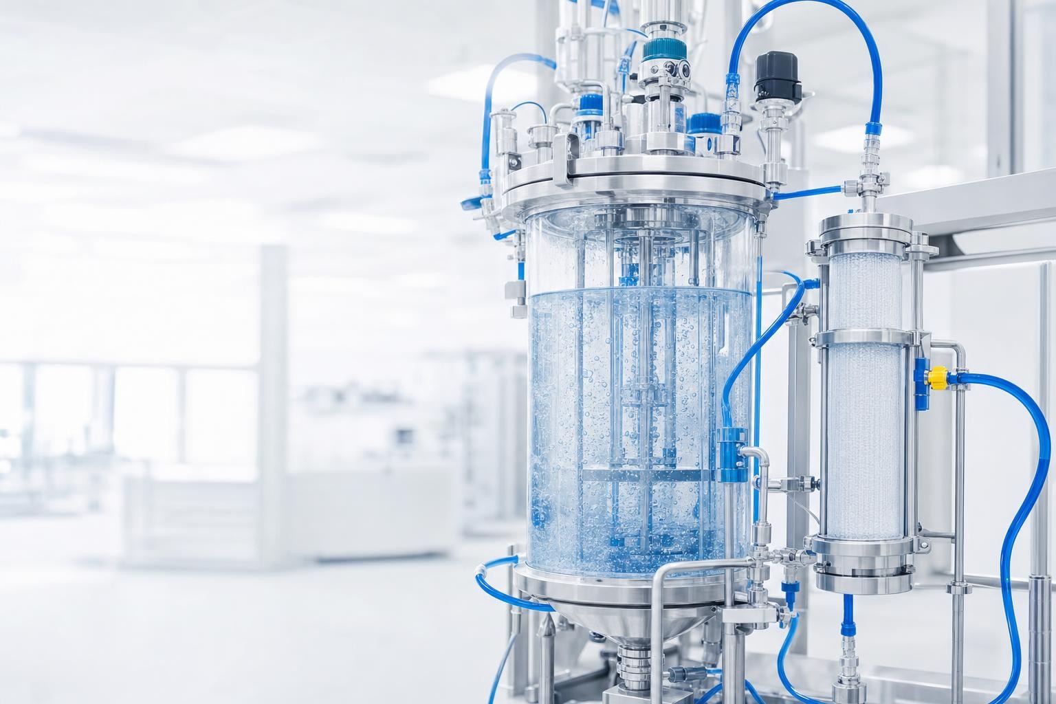 High-key continuous bioprocessing scene: a perfusion bioreactor with continuous flow tubing and cell retention system in a bright cleanroom. Subtle blue continuous flow line motif. Rentschler blue #006ab2 dominant, single small yellow #ffe000 accent, generous white space.