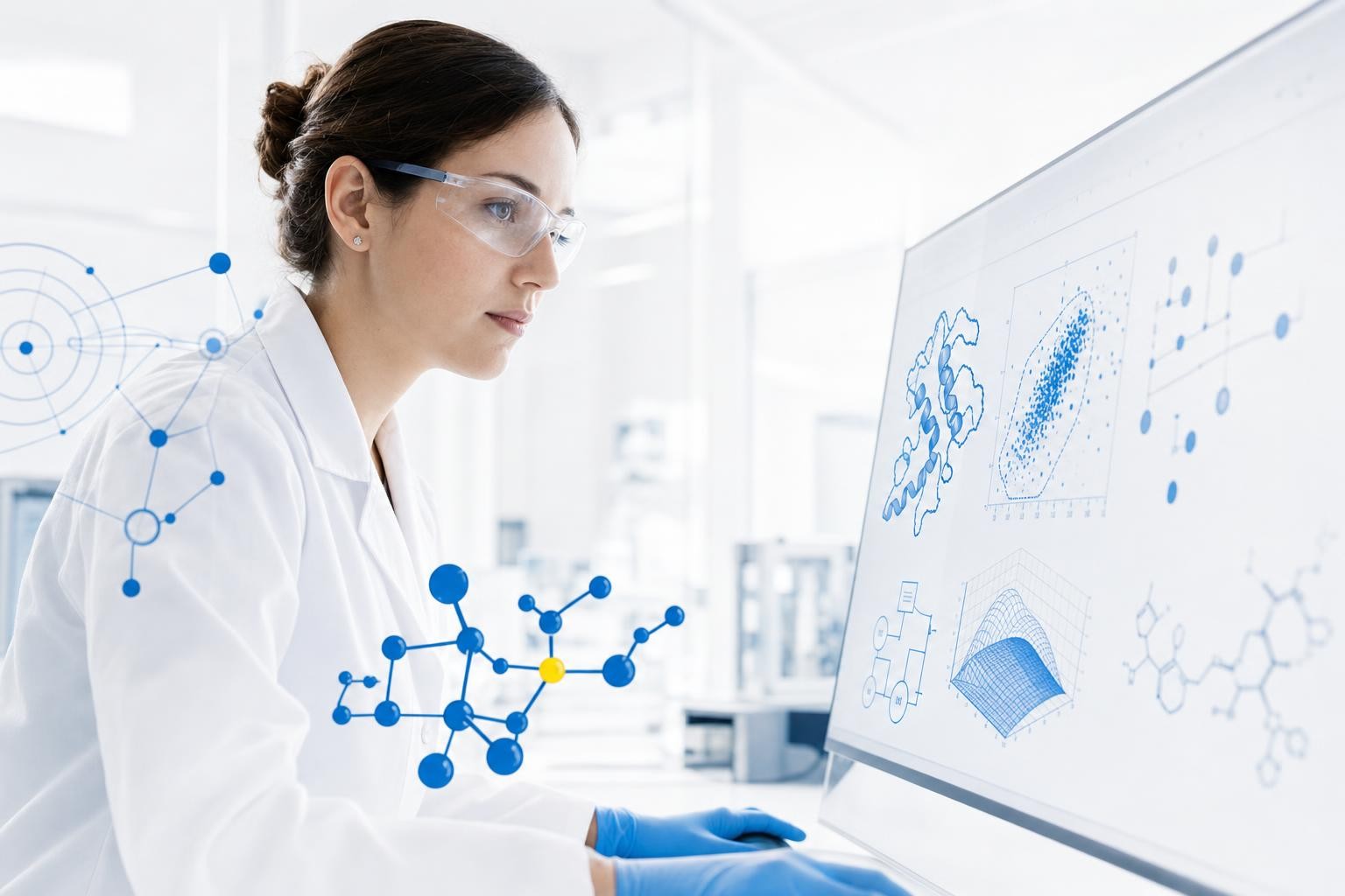 Bright high-key laboratory scene representing Quality by Design in biologics development: a scientist in white lab coat reviewing analytical data on a screen, with clean blue molecular and design-space graphics overlaid. Rentschler blue #006ab2 dominant, one small yellow #ffe000 accent, generous white negative space.