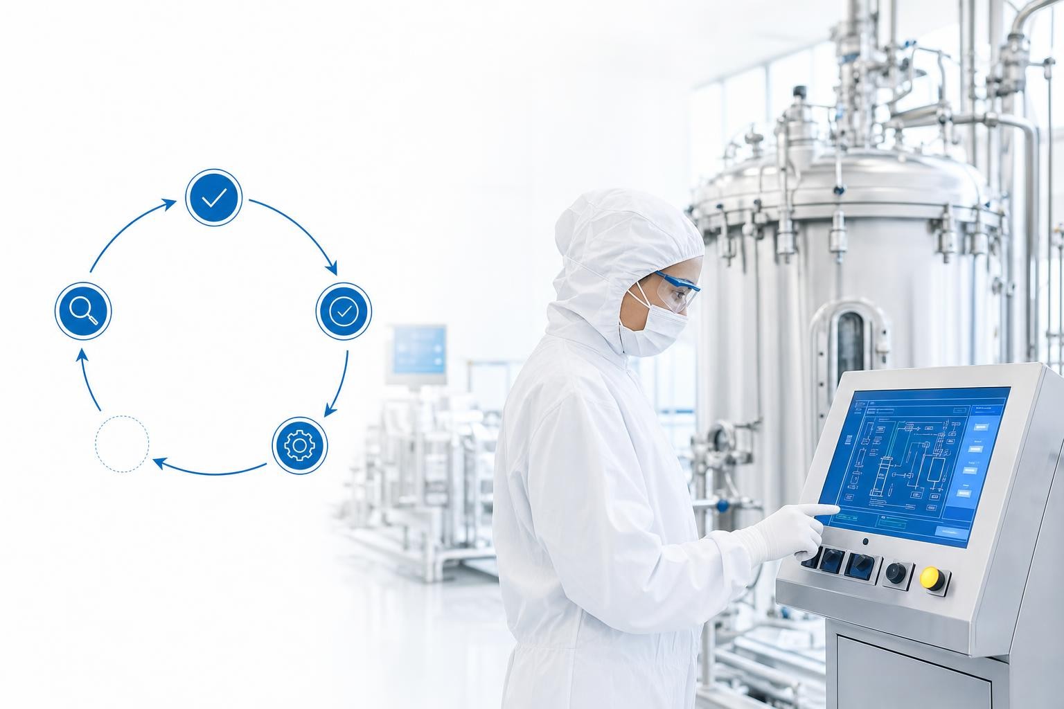 Bright, high-key pharmaceutical manufacturing scene representing process validation and qualification: a clean commercial-scale bioreactor suite with an operator in white cleanroom garb reviewing a control panel. Subtle blue circular process-lifecycle graphic overlay. Rentschler blue #006ab2 dominant, a single small yellow #ffe000 accent, lots of white negative space.