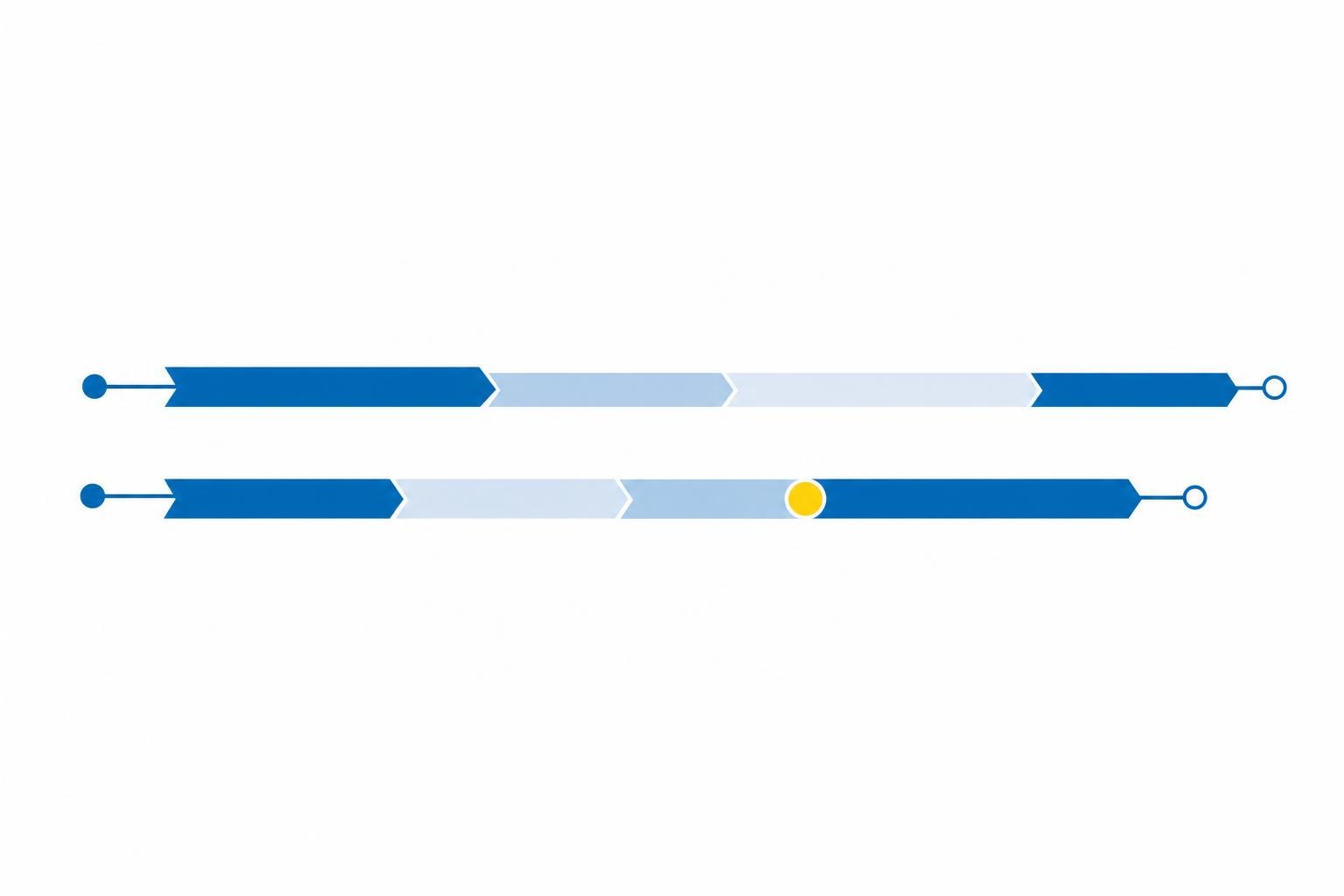 Minimal blue technical illustration on white: parallel horizontal timeline tracks running alongside each other and overlapping, rather than one long sequential track - evoking compressed, parallelised development. Clean geometric bars, generous white space. Dominant Rentschler blue #006ab2 with paler blue tints; one small #ffe000 yellow accent marking a milestone. Bright, high-key, calm and precise. No text, no numbers, no logos.